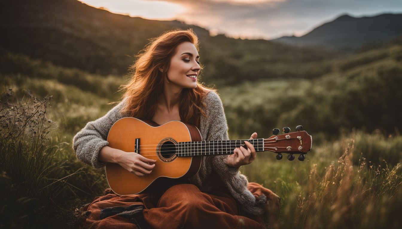 A musician playing ukulele in a cozy atmosphere under warm light.