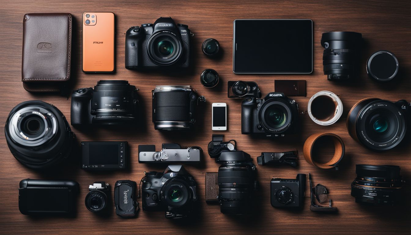 An organized display of modern tech gadgets and photography equipment. Instasupersave