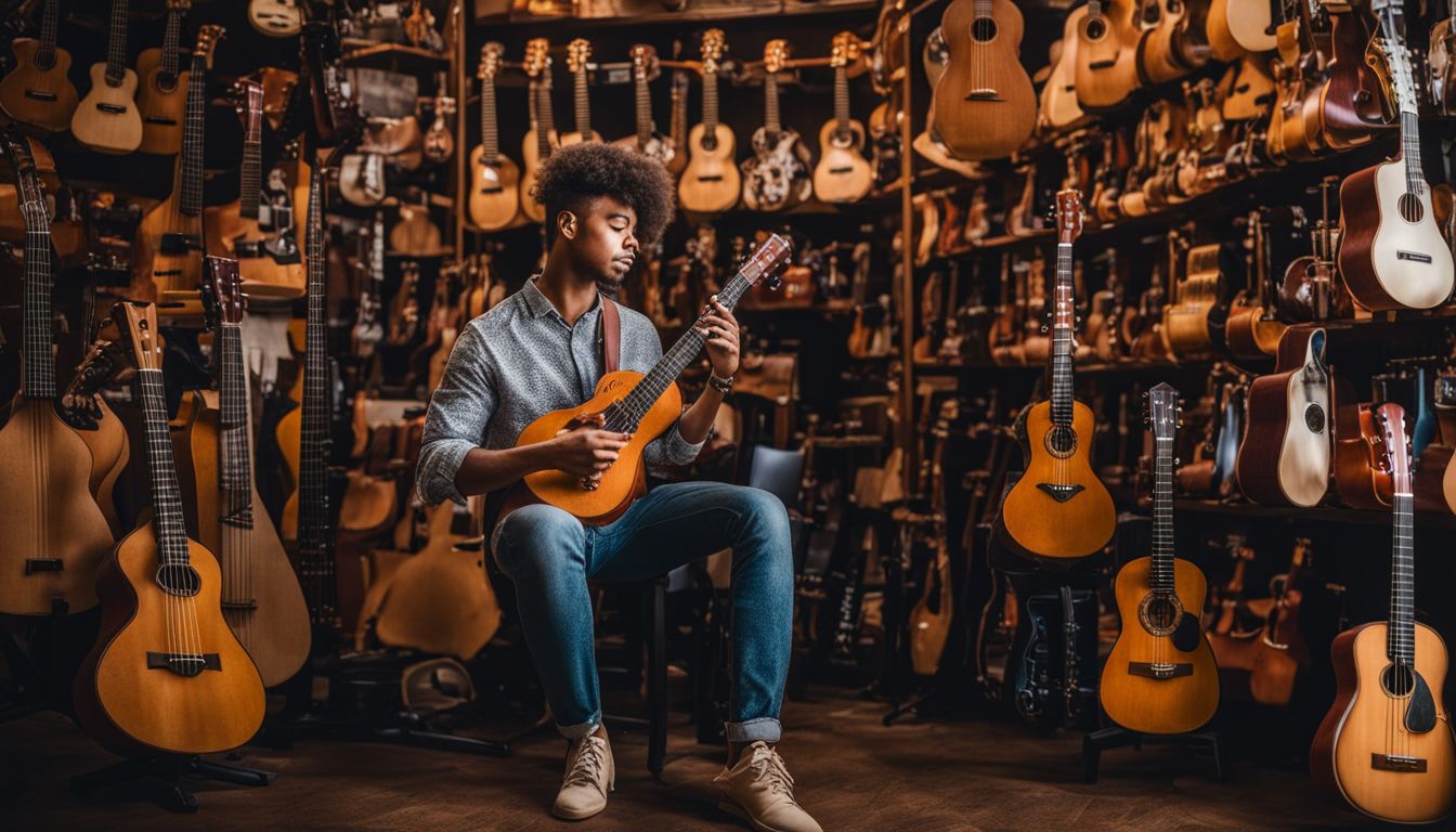 A person surrounded by a diverse collection of ukuleles and musical instruments.