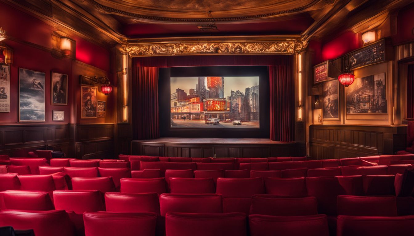 A vintage cinema interior with retro movie posters and red seats.