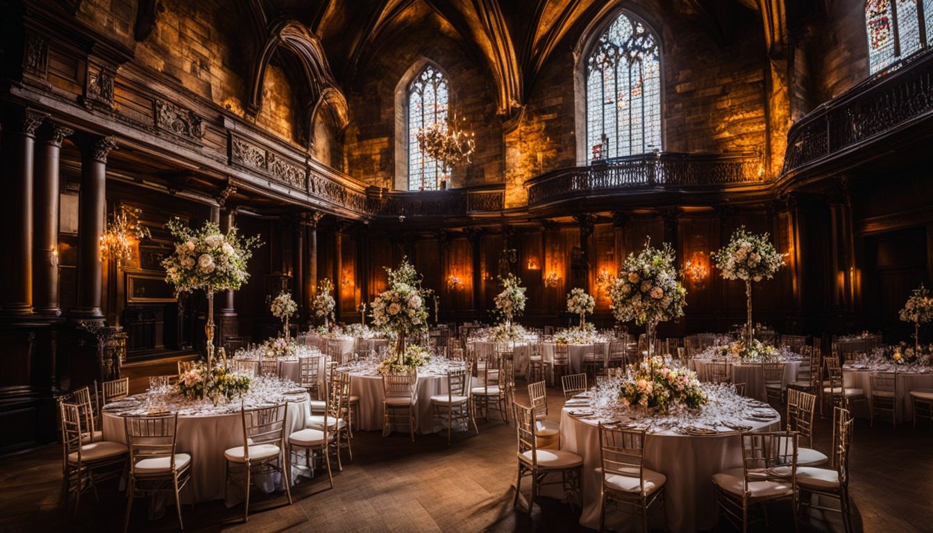 The grand interior of an old Edinburgh castle decorated for a wedding.