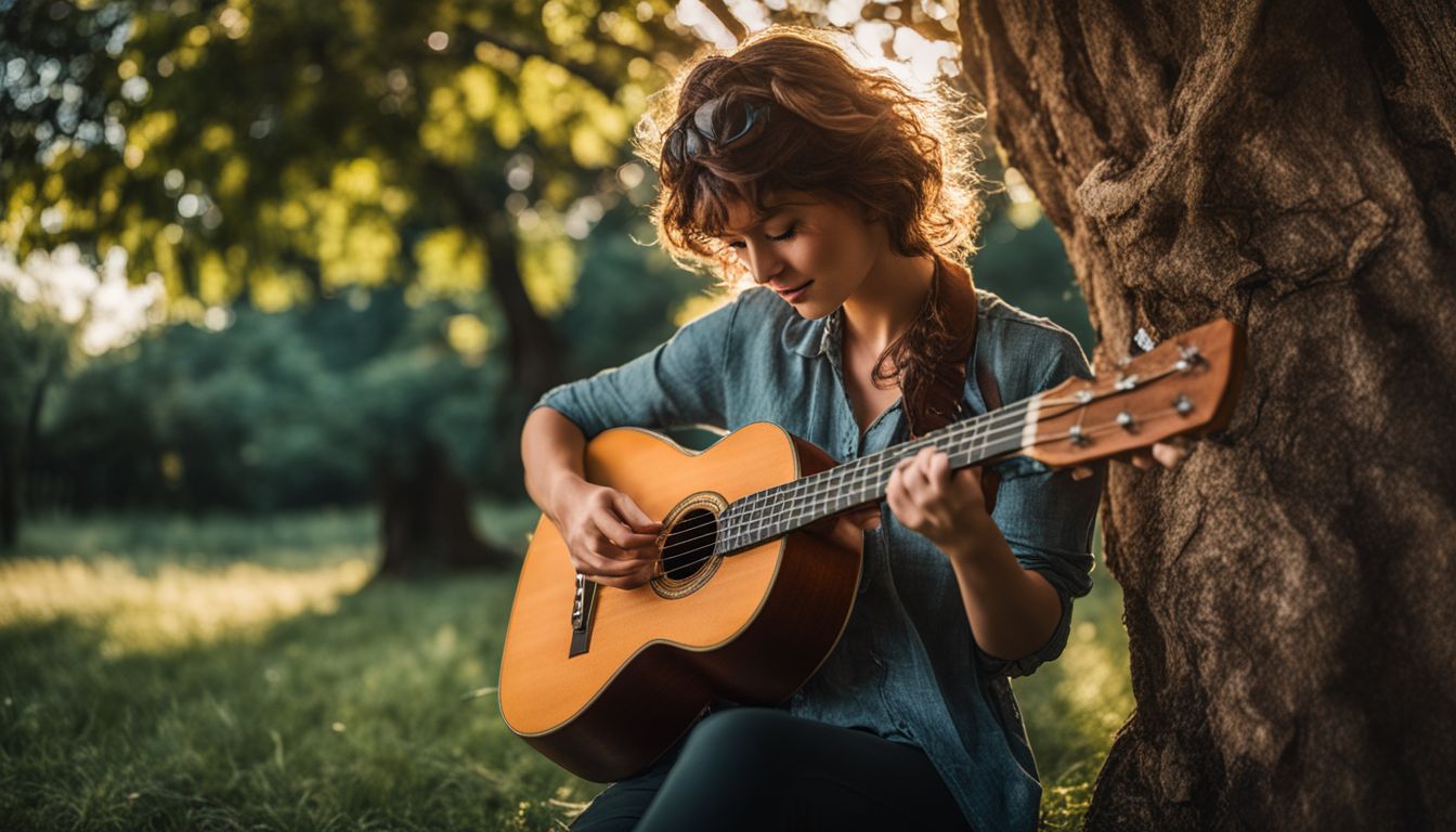 A beginner ukulele player strumming under a shady tree.