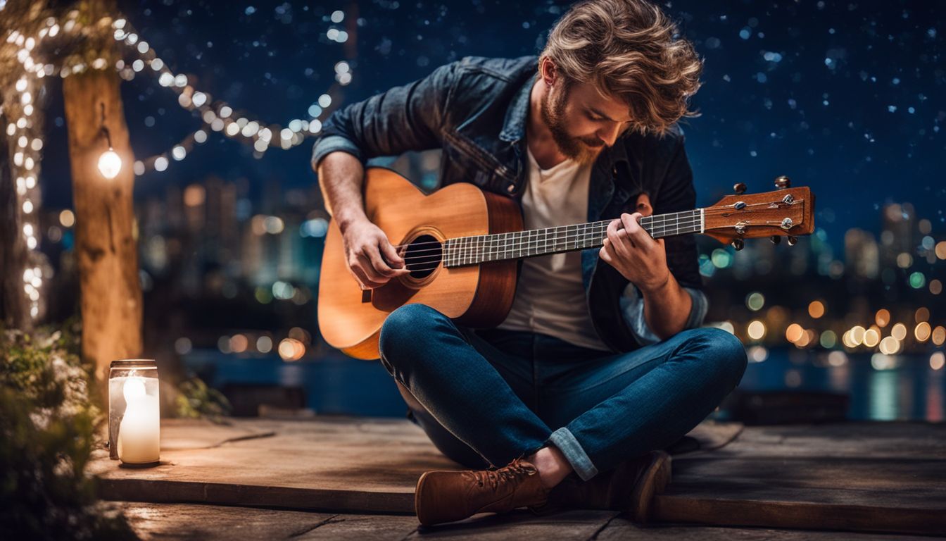 A musician playing ukulele under a starry night sky in the city.