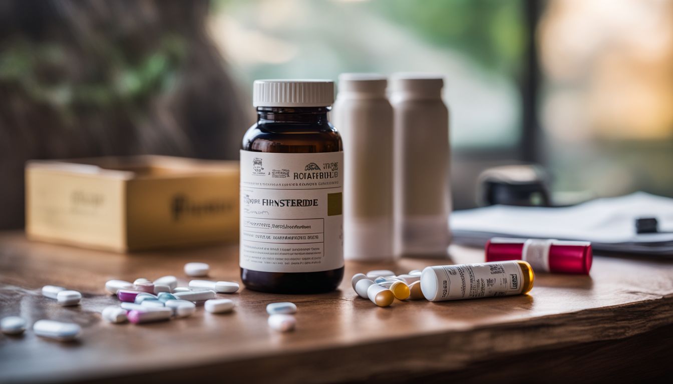 A bottle of finasteride pills surrounded by medical documents and nature photography.