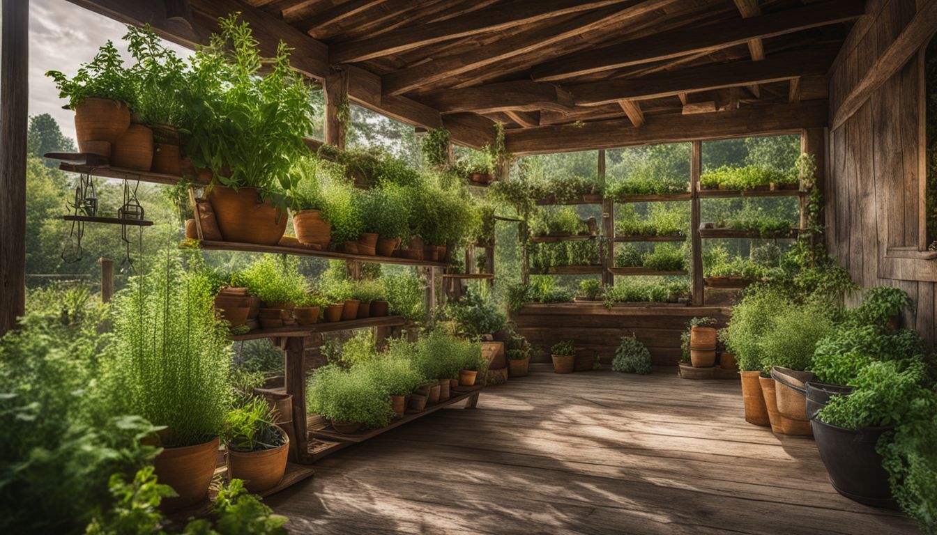 A rustic herb garden with 10 fresh herbs growing in a bustling atmosphere.
