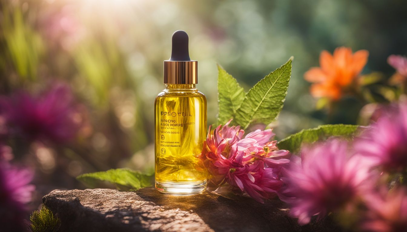 A radiant bottle of anti-aging face oil surrounded by botanicals.