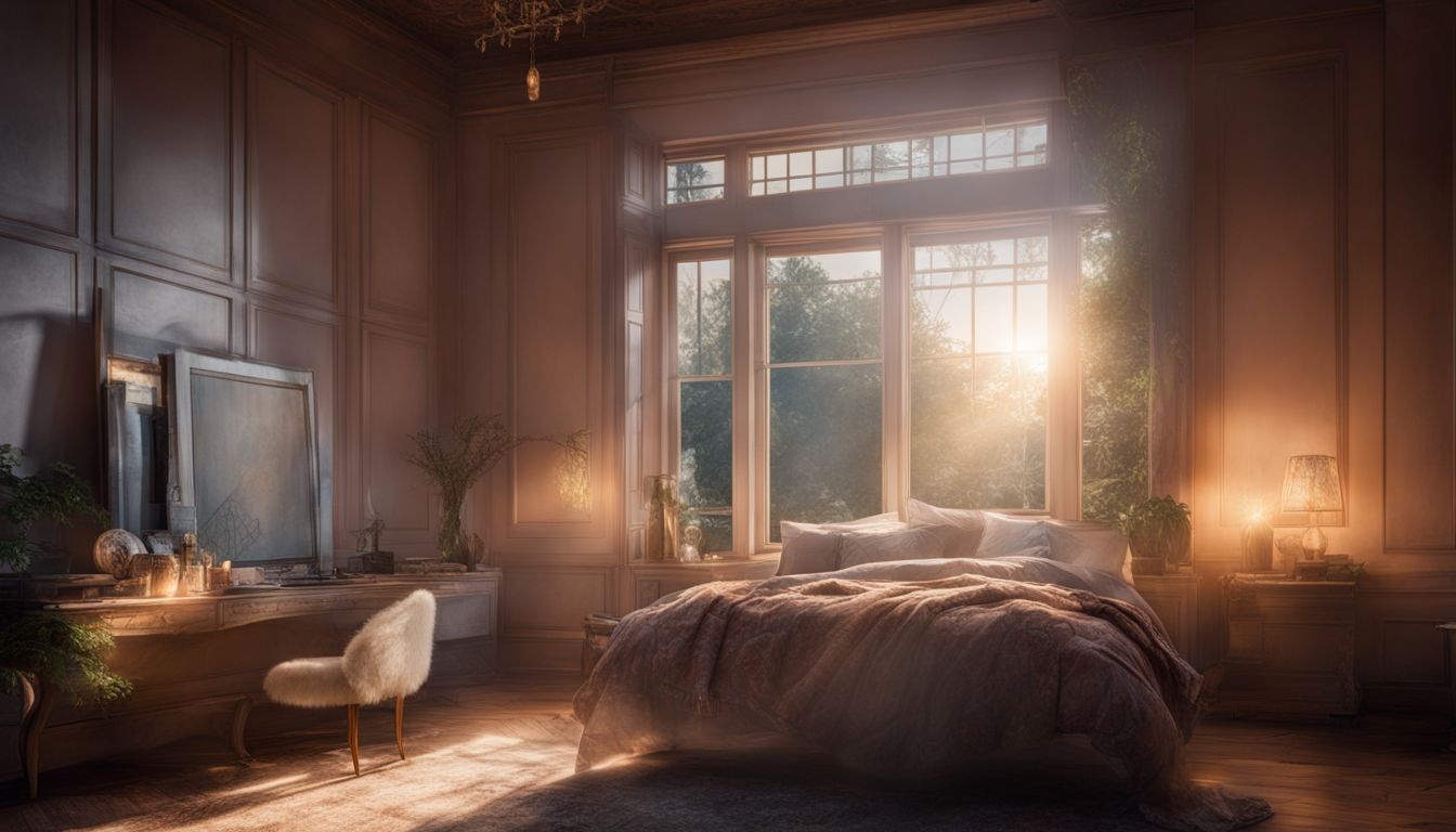 The photo depicts a deserted bedroom at dawn with natural light.