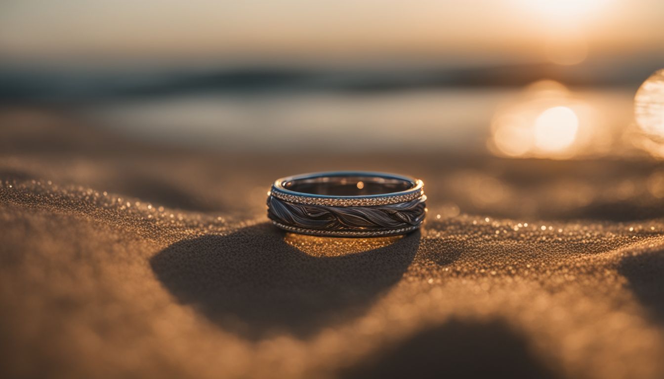 Abandoned broken wedding ring on beach at sunset.