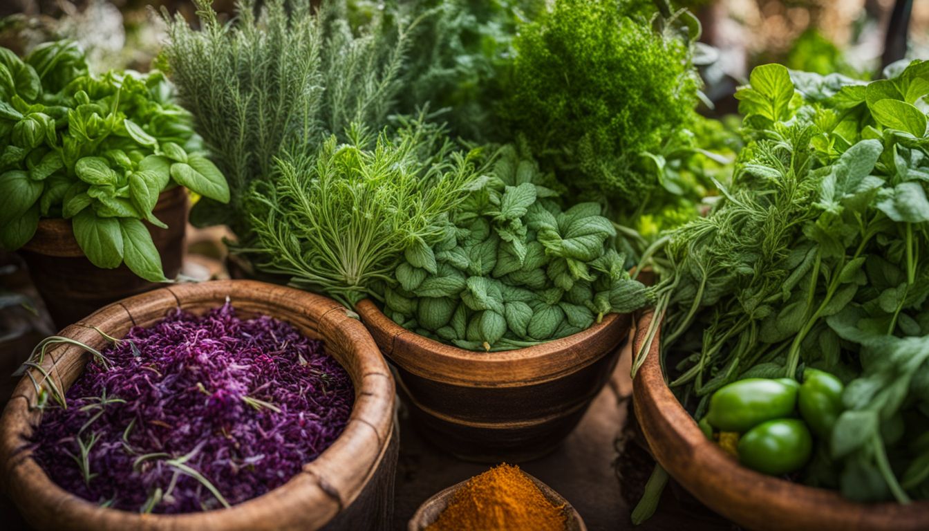 A diverse array of fresh culinary herbs and spices displayed in a vibrant kitchen garden.