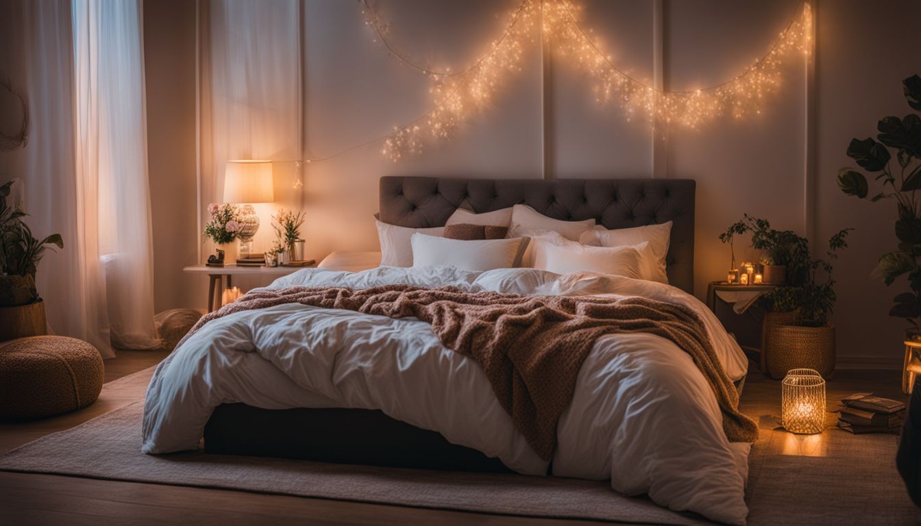 A cozy, unmade bed surrounded by comforting decor and bustling atmosphere.