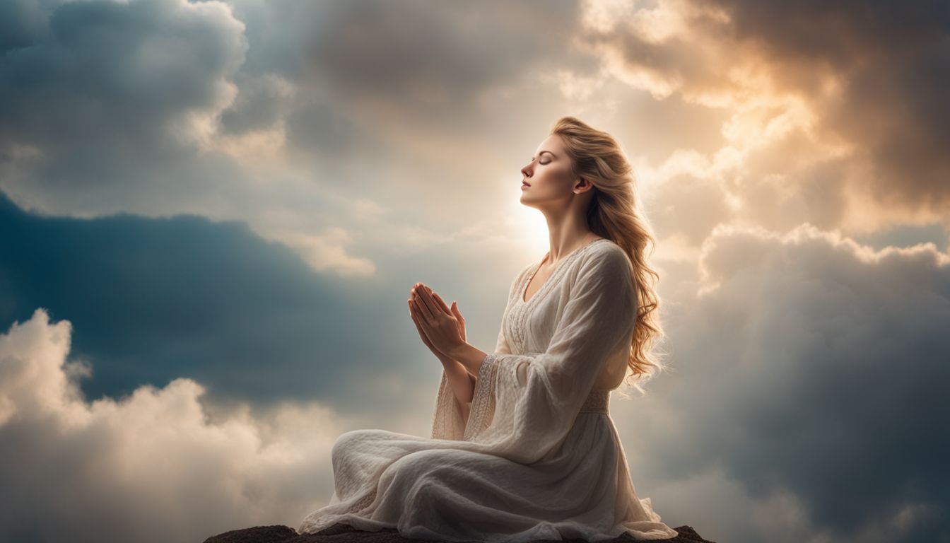 A woman kneeling in prayer with heavenly background.