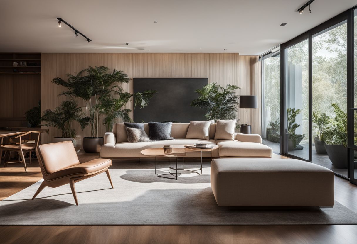 A minimalist living room with diverse individuals and modern decor.