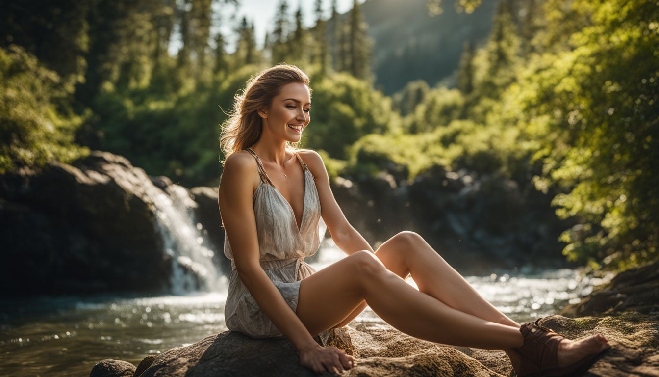 A woman enjoying outdoor activities in a lush natural environment with radiant skin.