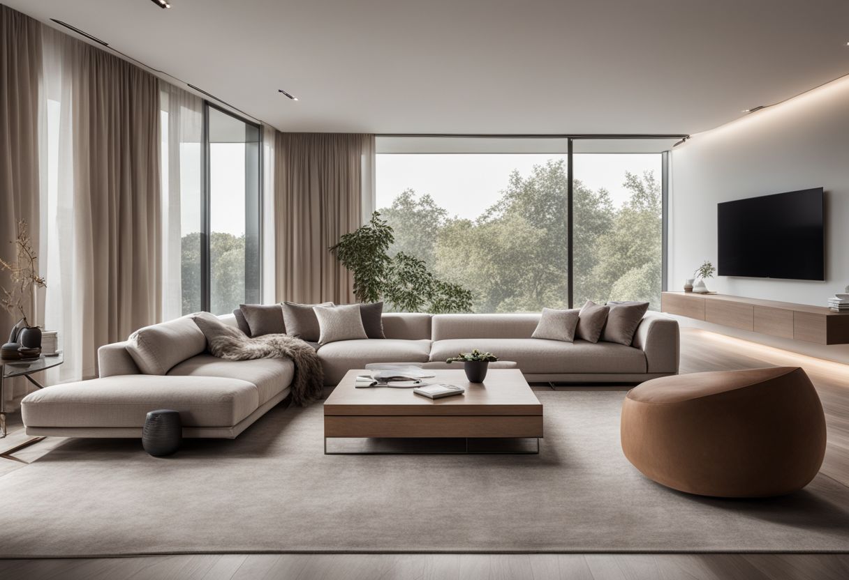 Maximalist vs Minimalist Interior Design: A sleek, minimalist living room with diverse people and stylish decor.