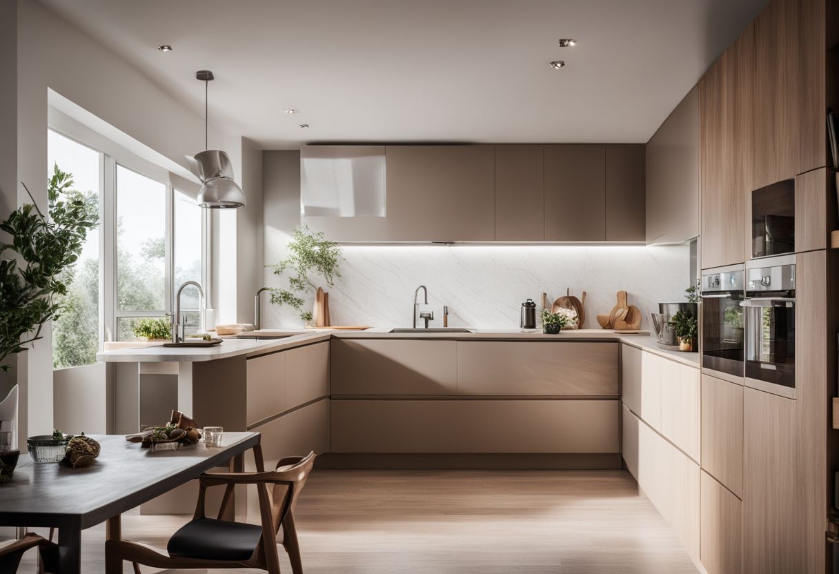 A modern kitchen with minimalistic decor and bustling atmosphere.