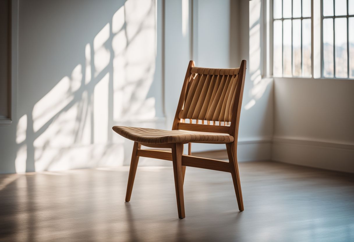 A minimalistic wooden chair in a sunlit room with large windows.