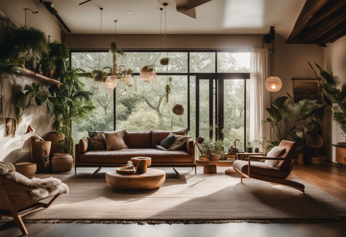 Minimalist Interior Design with Plants: A tranquil bohemian home surrounded by nature with diverse people.