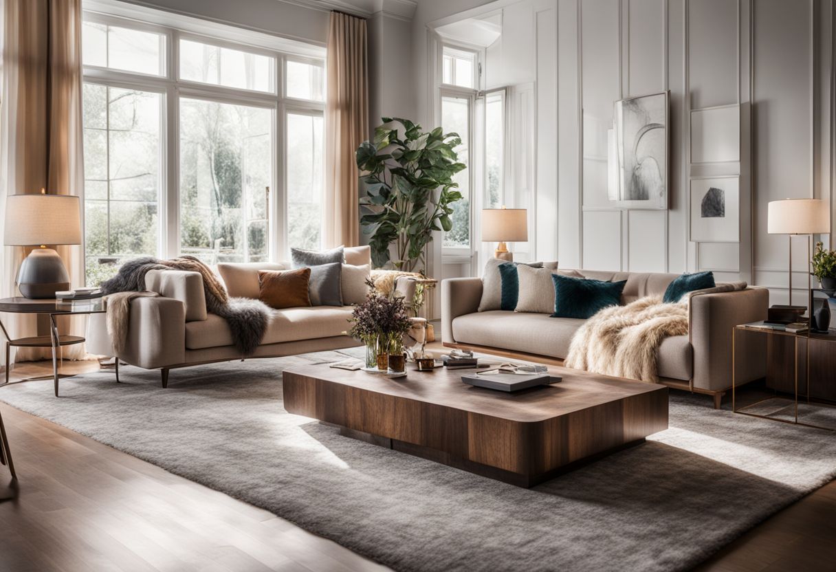 A modern, cozy living room with stylish furniture and decor.