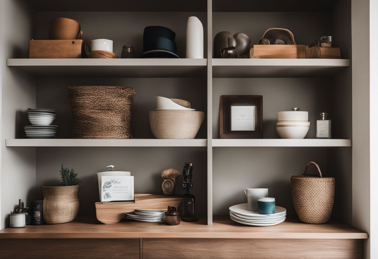 A well-organized shelf display with a mix of textures and meaningful items.
