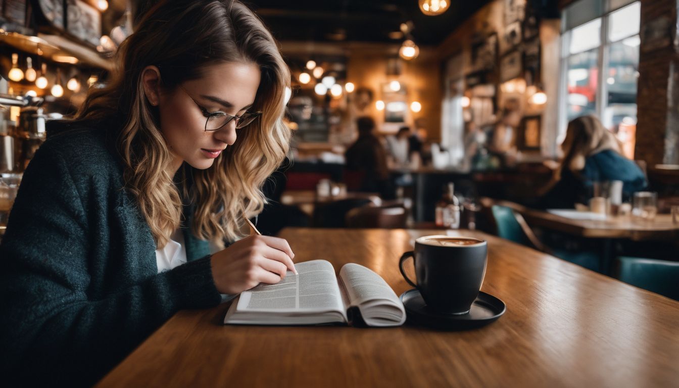 Eine Person liest einen fesselnden Blog-Beitrag in einem gemütlichen Café.
