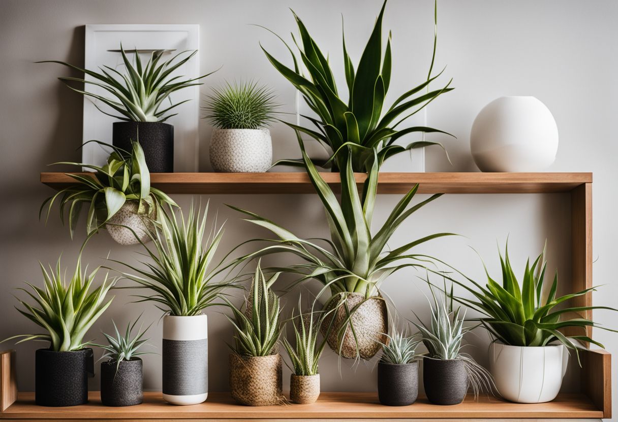 A photo of a variety of plants on a modern shelf.