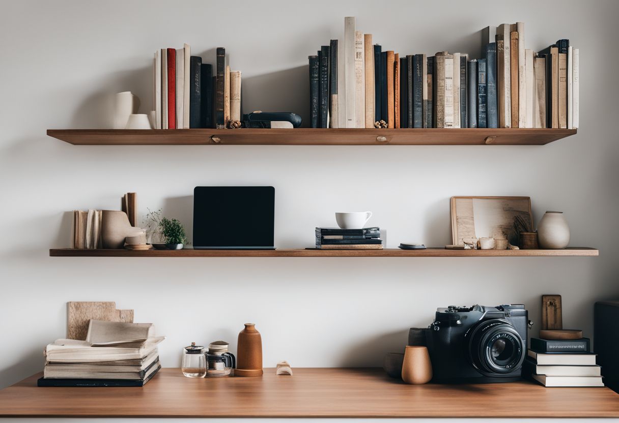 What Do You Put on Minimalist Shelves: A minimalist bookshelf with carefully curated items against a white background.