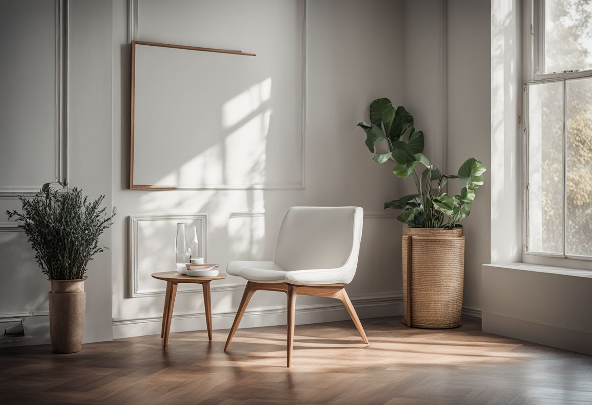 What is the Purpose of Minimalism in Design: A single white chair in a minimal, well-lit room.