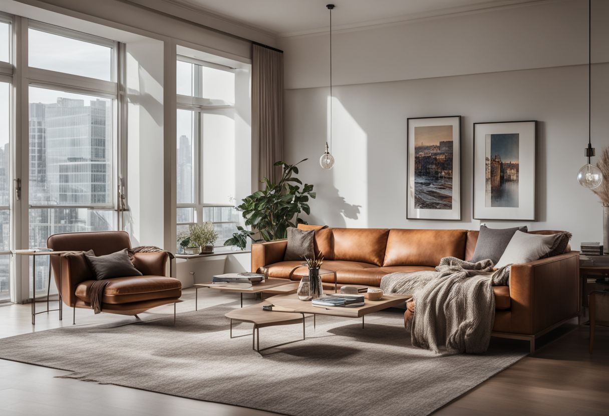 A modern, minimalist living room with diverse faces and styles.