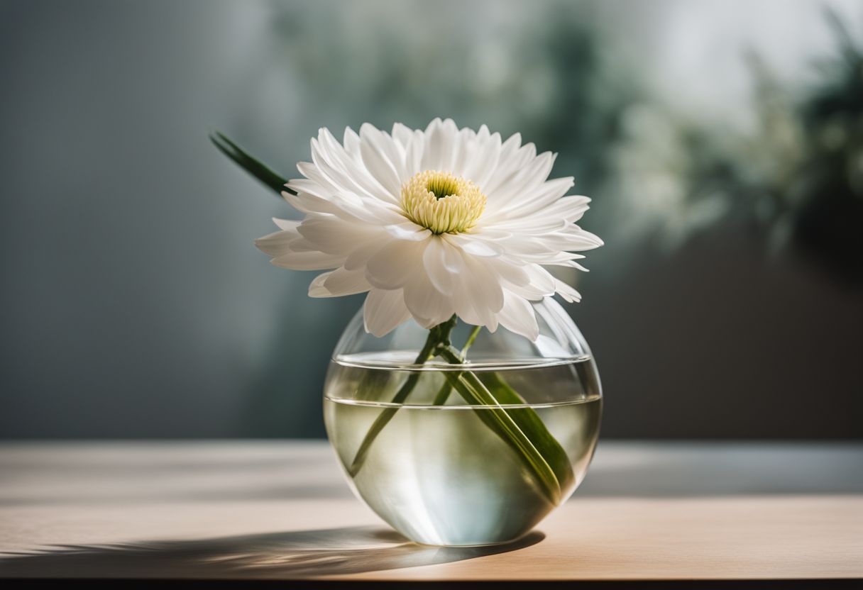 A single elegant white flower in a clear glass vase surrounded by minimalist decor.
