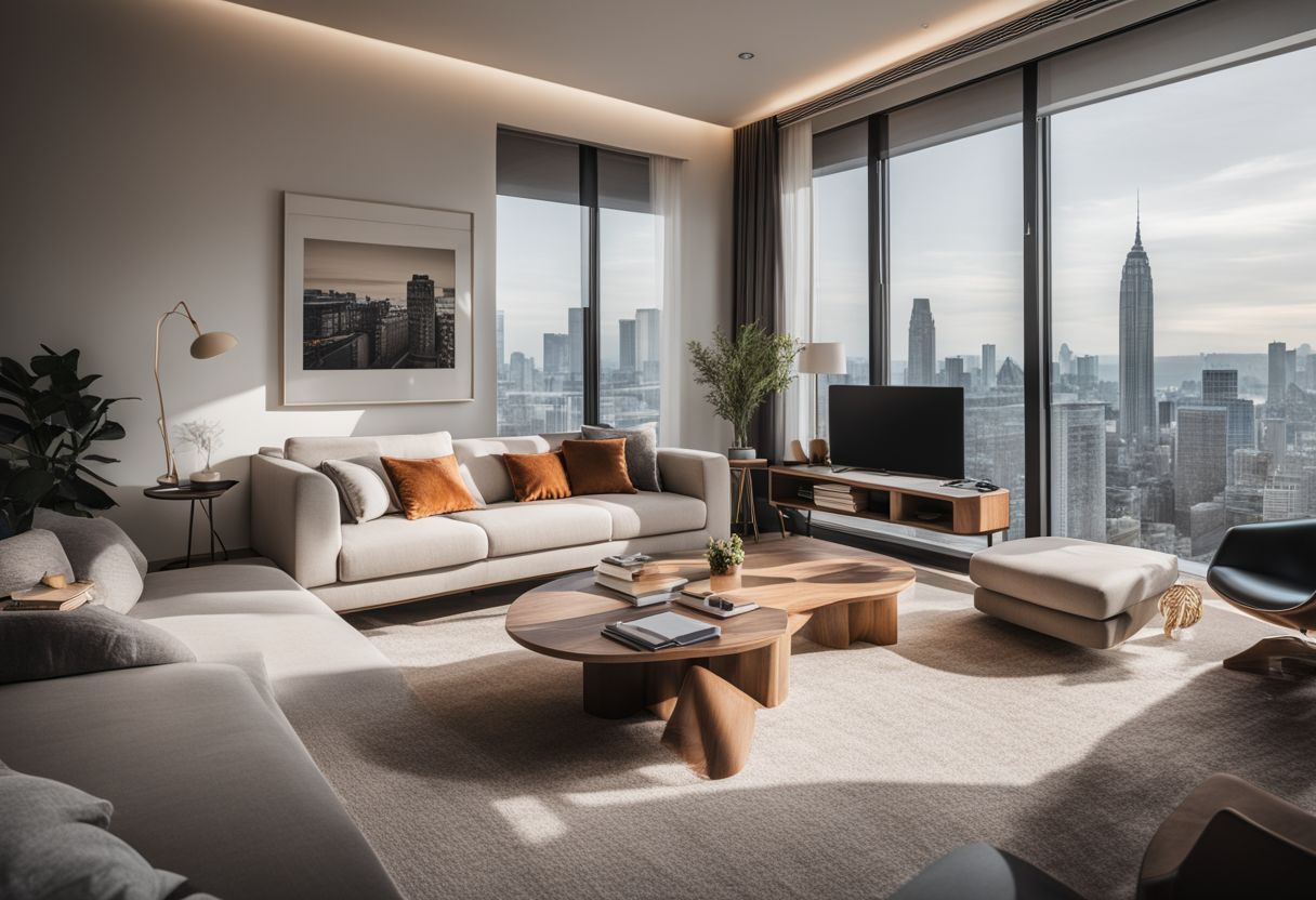 A sleek living room with minimalist furniture and a bustling cityscape.