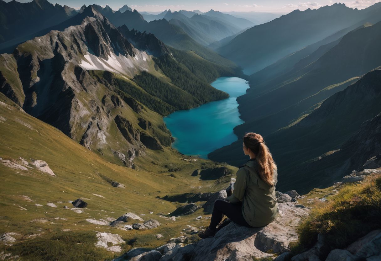A person sitting on a mountain peak admiring a beautiful landscape.
