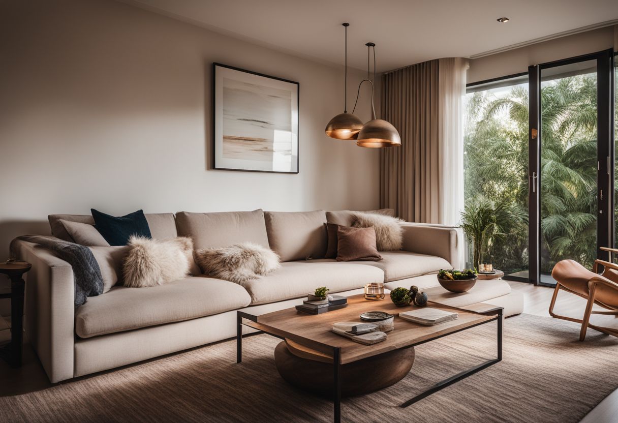How Do You Make a Cozy Minimalist Home: A cozy minimalist living room with simple furniture and warm lighting.