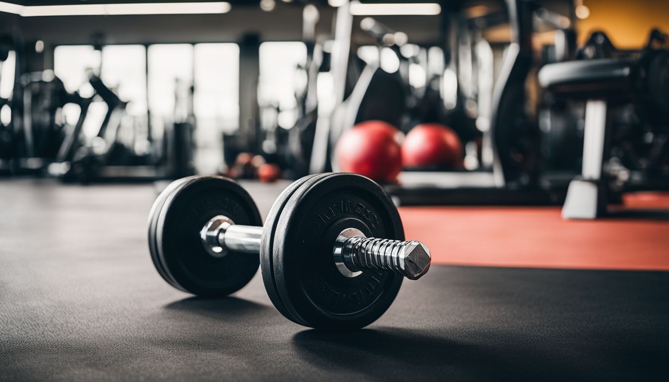 A pair of dumbbells surrounded by various fitness equipment in a gym.