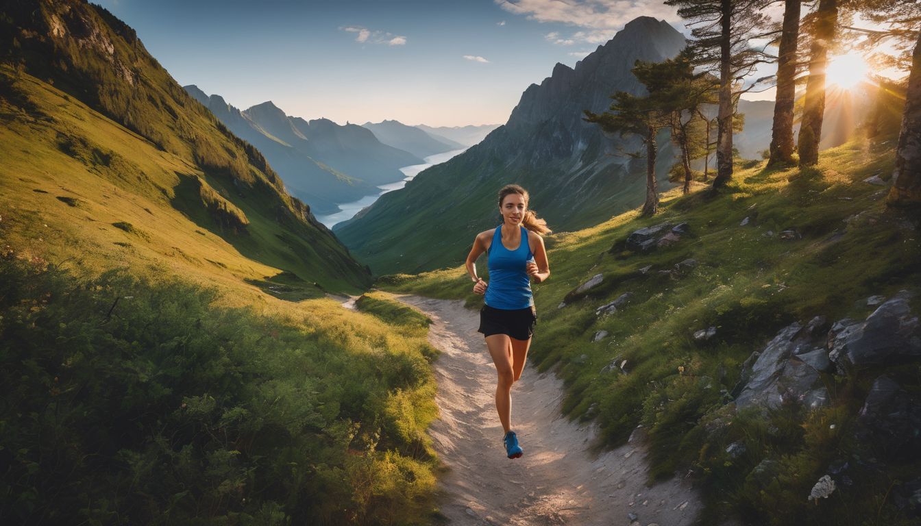 A person jogging on a scenic mountain trail.