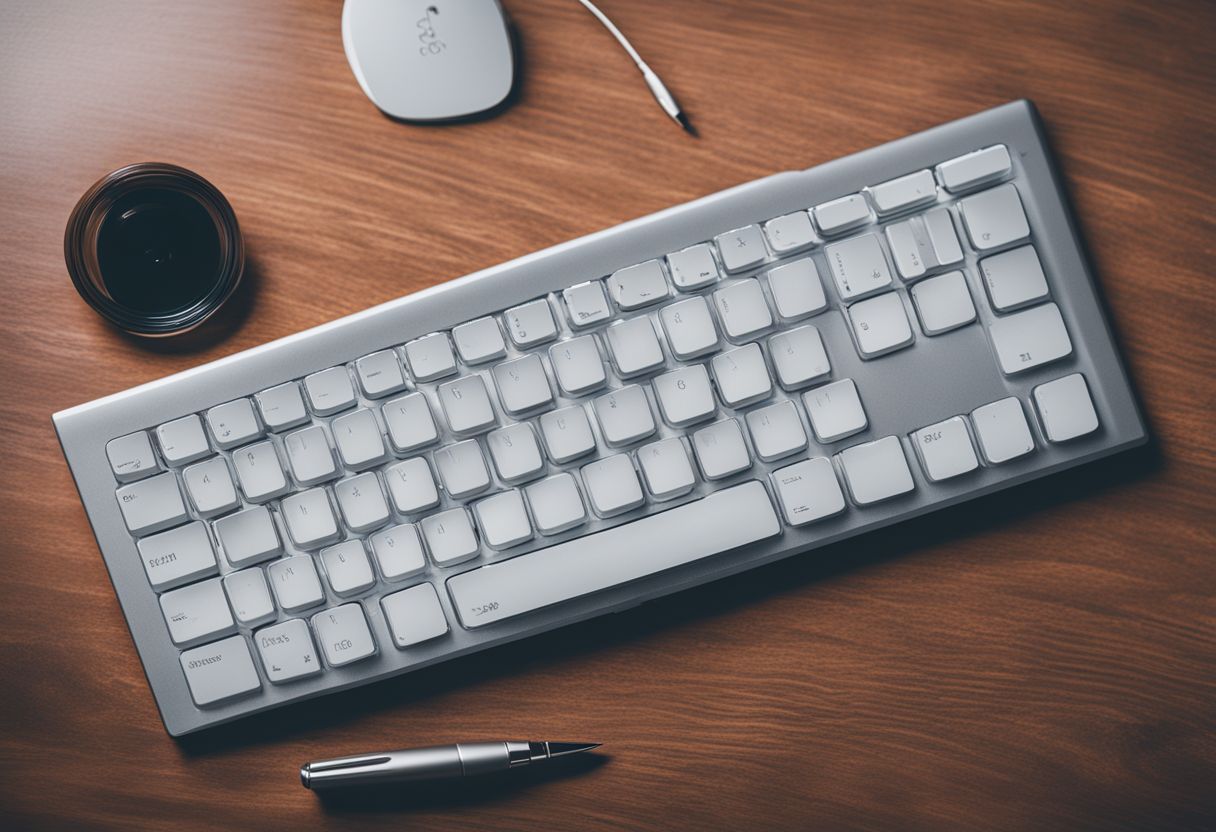 A high-tech keyboard and stylus on a sleek desk.