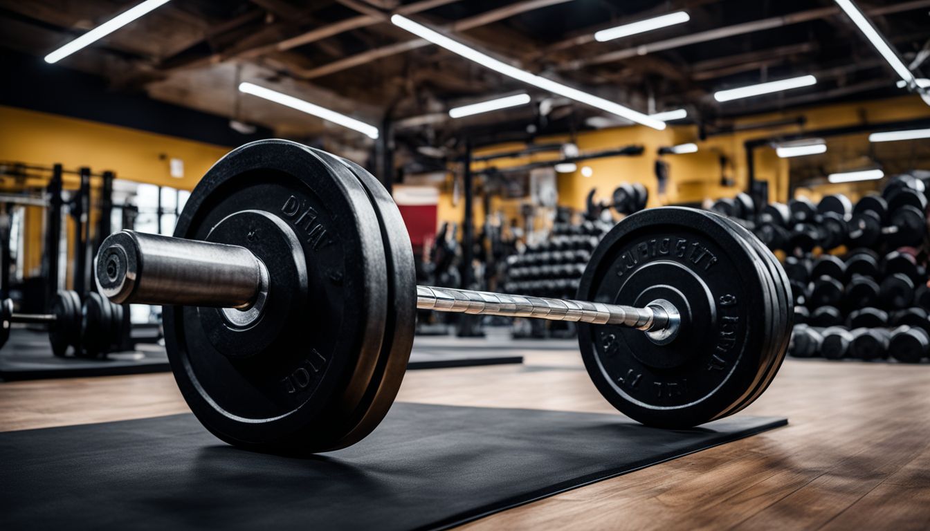 A weightlifting barbell with heavy weights in a gym setting.