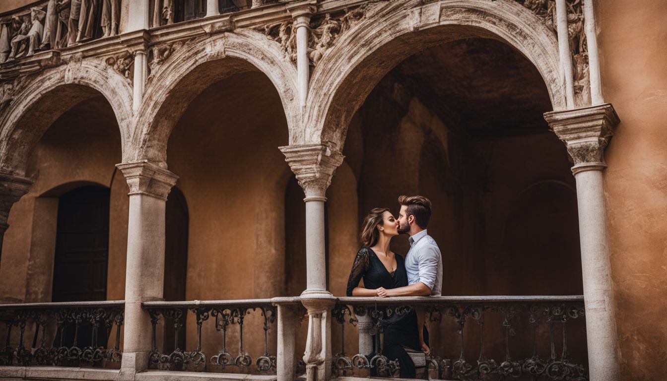 A Couple Kissing Under The Arches Of Juliet's Balcony In Verona, Italy, With A Bustling Cityscape In The Background.