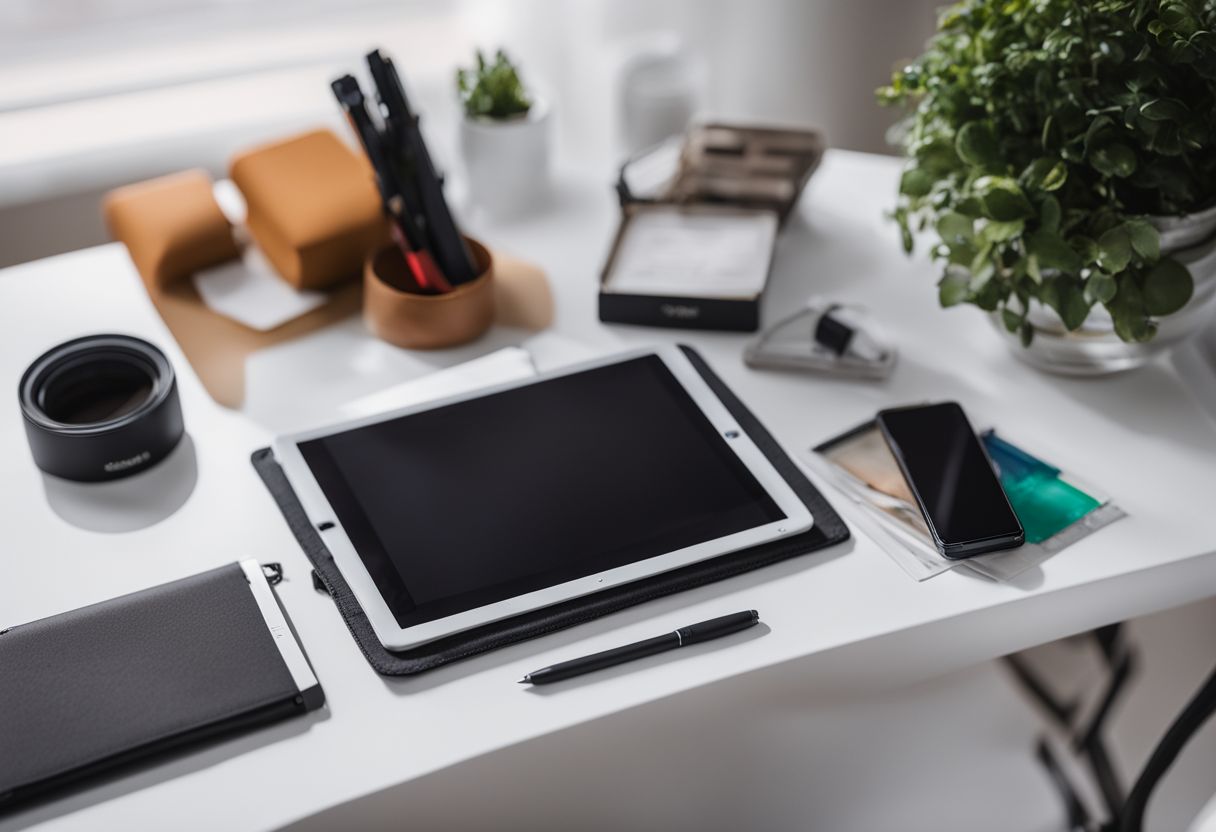 A desk with a tablet, stylus, and work essentials.
