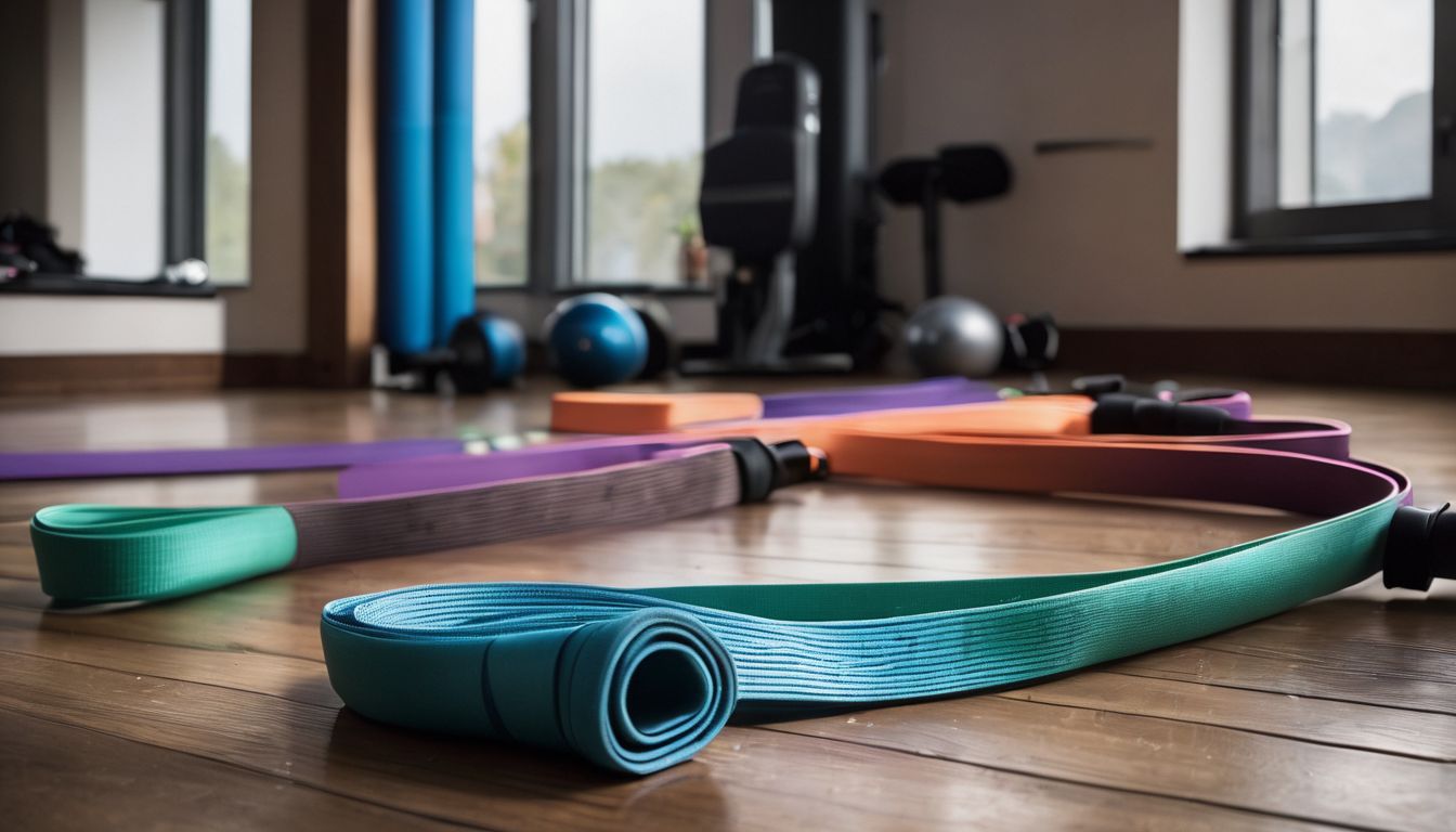 A pair of resistance bands surrounded by exercise equipment in a bustling gym.