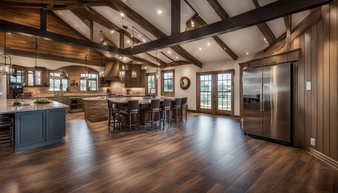 A spacious and versatile interior of a barndominium with a bustling atmosphere.