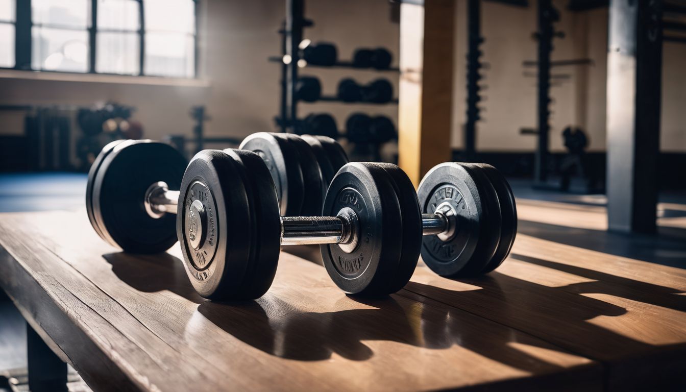 Two dumbbells on a flat bench in a busy gym setting.