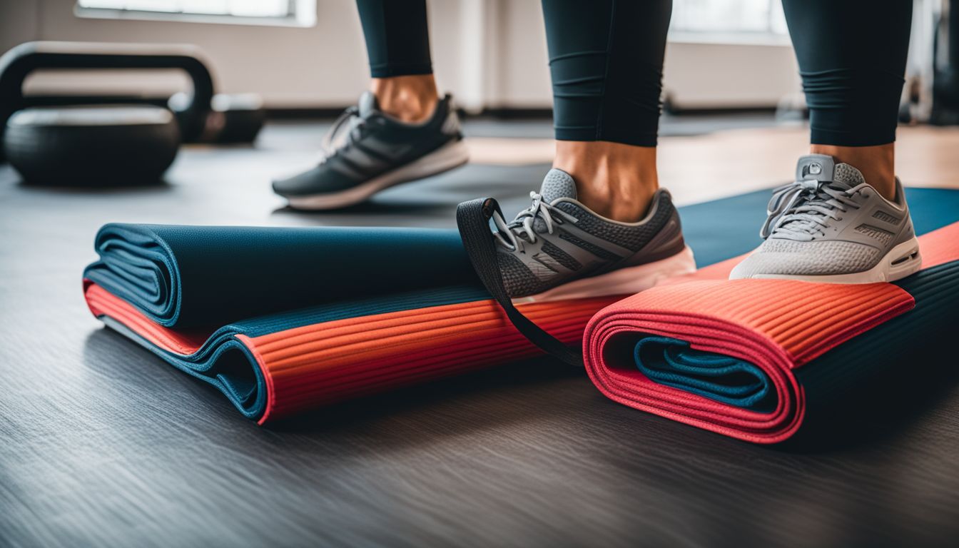 A gym mat with ankle straps in a fitness studio.