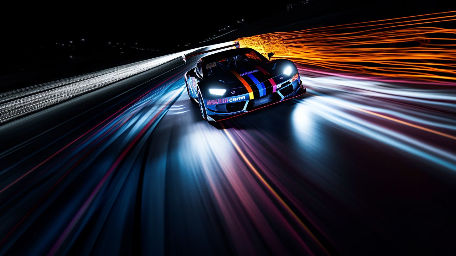 A race car speeds down a brightly lit LED-lit track.