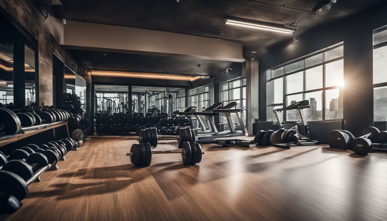 A pair of dumbbells surrounded by fitness equipment in a gym.