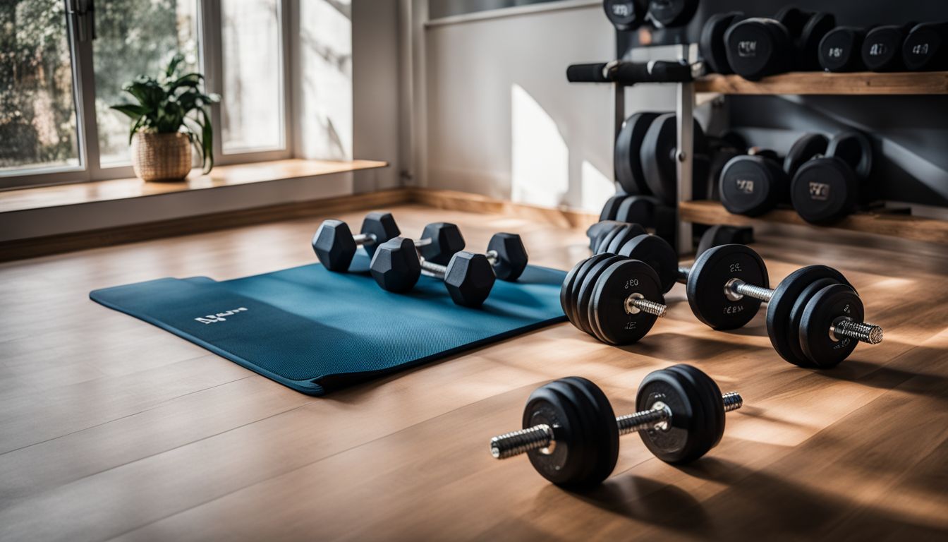 A home gym with dumbbells and a workout mat.