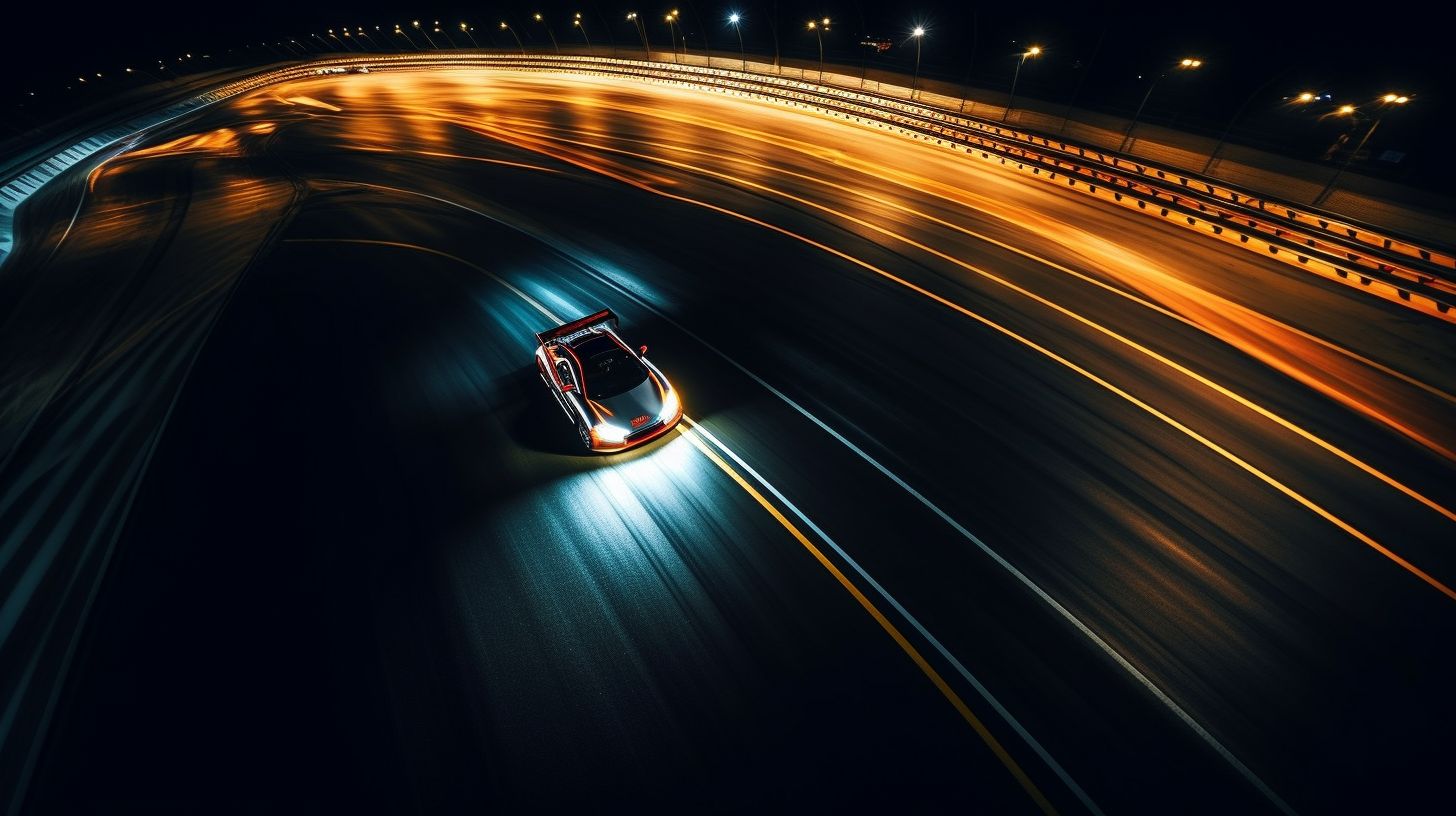 A race car speeds around a brightly lit track at night.