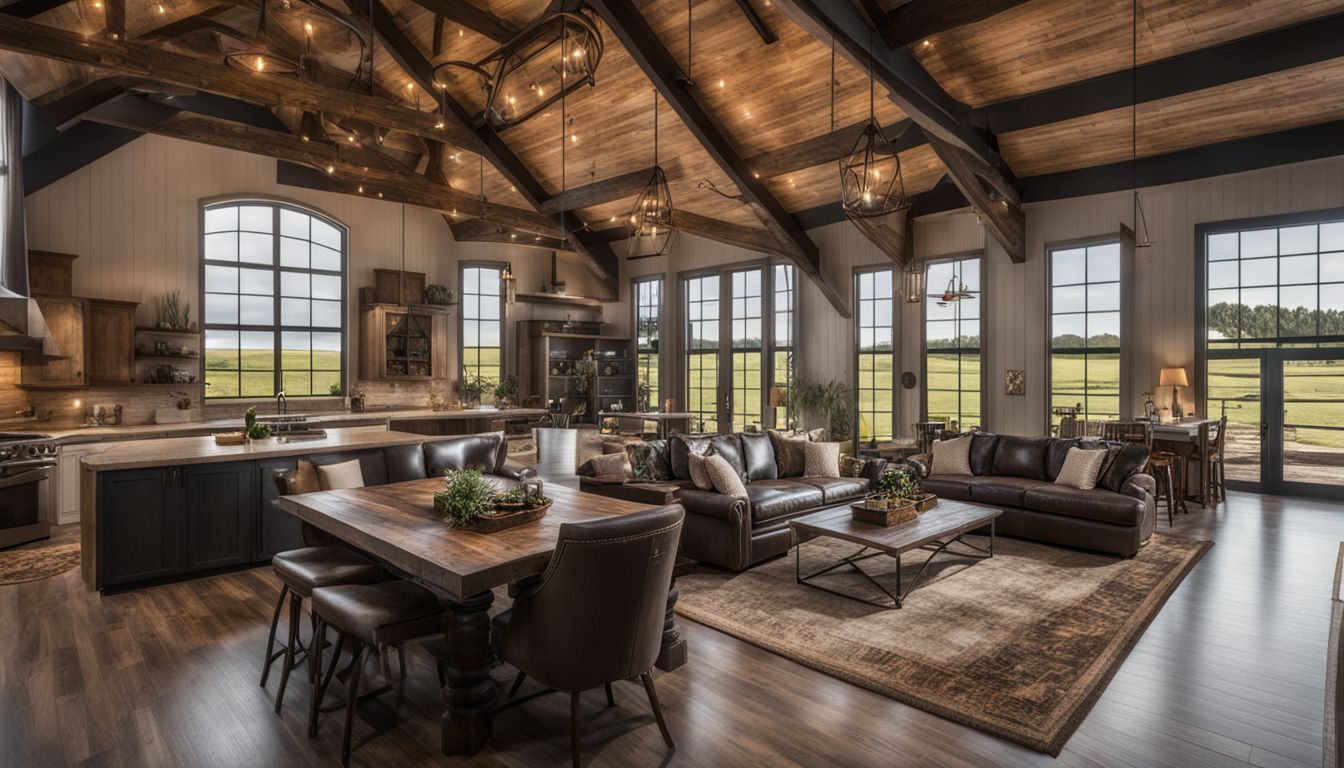 The spacious interior of a barndominium with a bustling atmosphere.