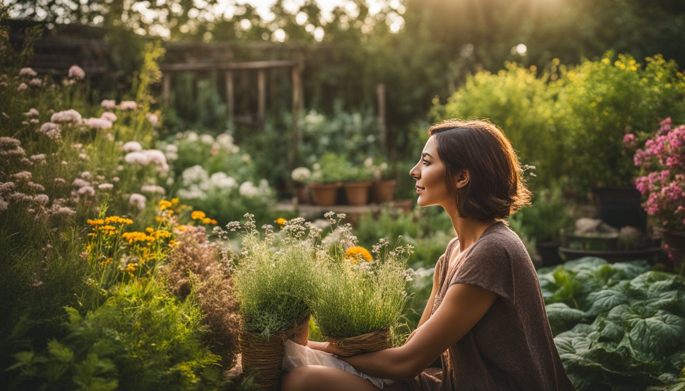 A woman enjoys a peaceful herbal garden surrounded by natural herbs in a well-lit atmosphere.
