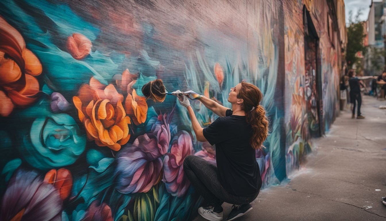 An artist creating a custom mural on a city wall.