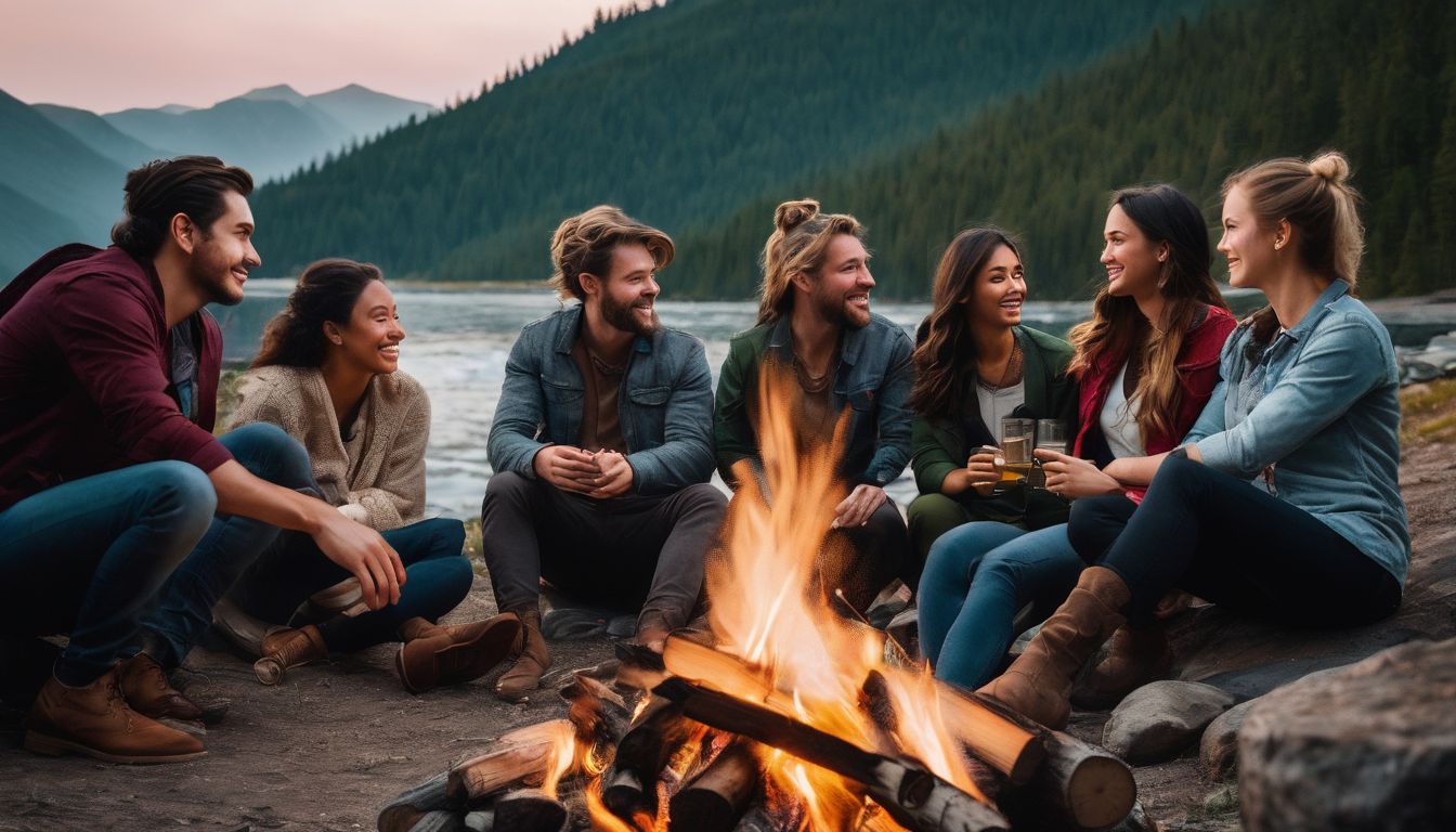 A diverse group of people sharing stories around a campfire in the city.